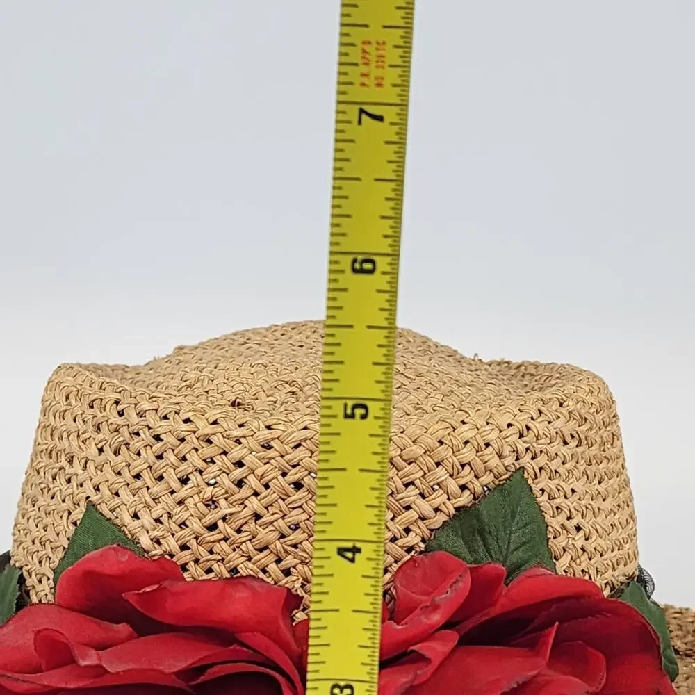 Eric Javits Luxury Squishee Sun Hat Beige Packable Woven Rose Brim Hatpin Vtg - Picture 13 of 14